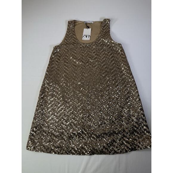 NWT ZARA SEQUIN KNIT MINI DRESS GOLD LARGE - Picture 1 of 9